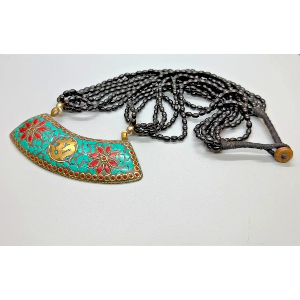 Tibetan Crushed Blue Red Stones  Statement‎ Pendant Necklace Glass Beaded Multi